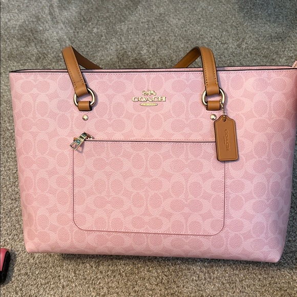 Coach Pink Signature Tote with Brown Trim and Matching Pouch - Picture 5 of 8